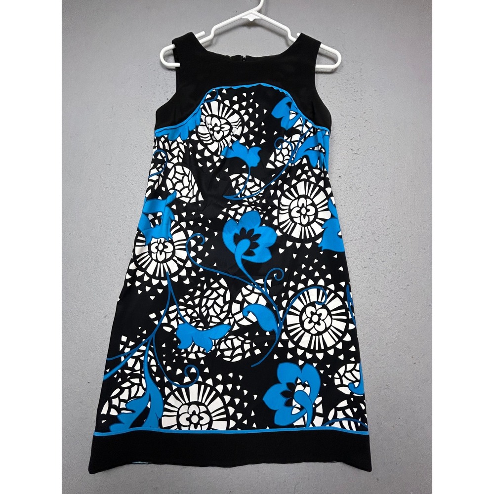 Dressbarn Shift Dress Polyester Spandex Black Floral Blue Size 8 Womens